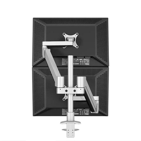 Premium Full Motion Dual Monitor Stand With Smooth Gas Struts And Slick Cable Routing For A Sweet Desk Setup holding two monitors from behind.