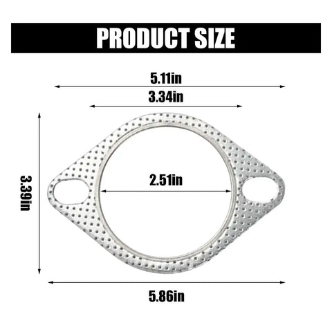Two Pack 2.5 Inch Exhaust Flange Gasket With Two Bolts dimensions show overall size, standard exhaust gasket replacement