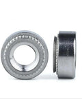 Heavy Duty M3 Self Clinching Nuts Featuring A Bulletproof Serrated Flange Grip Press In Threaded Rivet Inserts in silver.