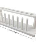 Eight-Well Plastic Test Tube Rack For Lab Class Science Projects, white durable tube holder with 9.48 inch length and 18 mm holes.