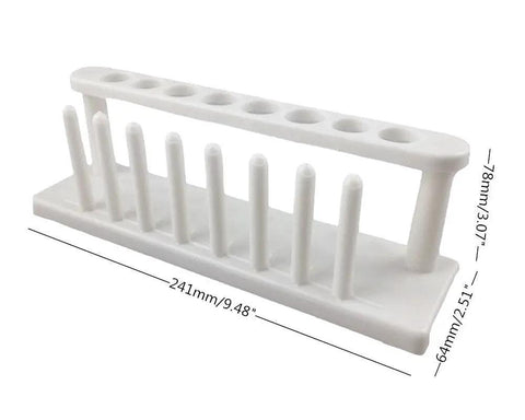 Eight-Well Plastic Test Tube Rack For Lab Class Science Projects, white durable tube holder with 9.48 inch length and 18 mm holes.