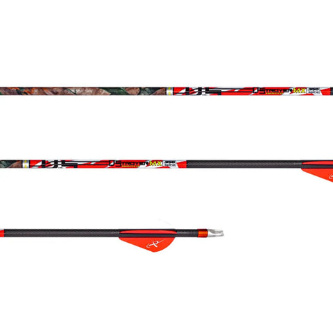 High Modulus Carbon Arrow Shafts 12 Pack With Dual Spine Weight Forward Tech For Smooth Shootin And Locking In That Bullseye Every Single Shot Laser Checked Precision And Pro Hunting Setup Game Changer, featuring detailed red and black design.