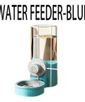 Cage Hanging Pet Bowl Gravity Water Dispenser For Dogs Cats Rabbits Kick Resistant Double Feeder Crate Kennel Food Bowls No Sweat Cleanup Top Shelf Hydration Spot Blue with water container and bowl, blue color.