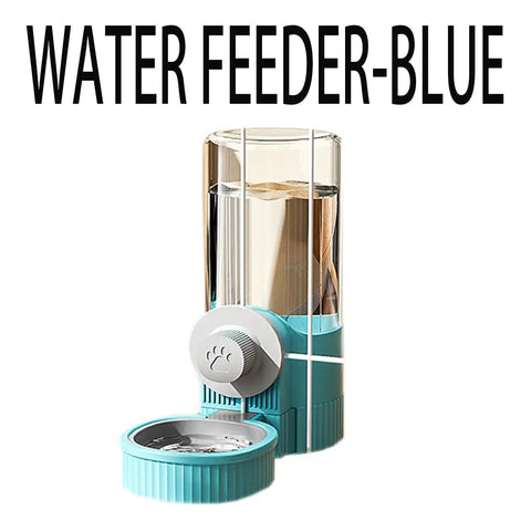Cage Hanging Pet Bowl Gravity Water Dispenser For Dogs Cats Rabbits Kick Resistant Double Feeder Crate Kennel Food Bowls No Sweat Cleanup Top Shelf Hydration Spot Blue with water container and bowl, blue color.