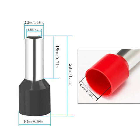 Pro Grade Heavy Duty 6 Gauge Wire Ferrule Connectors Kit dimensions with red and black ferrules for car audio wiring