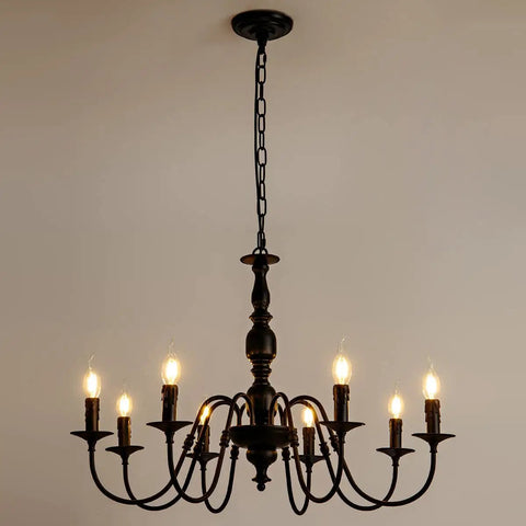 Metal 8 Light Candle Style French Country Chandelier Black Farmhouse Pendant Lighting For Kitchen Island, Dining Room, Bedroom, And Living Room, 30 Inch Diameter, Modern Rustic Vibe