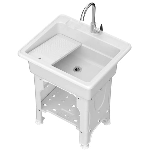 Freestanding Plastic Laundry Sink With Detachable Washboard For Indoor And Outdoor Use 25.4 Inch Wide By 22 Inch Deep By 31.5 Inch Tall Utility Sink With Cold And Hot Water Faucet Hoses And Drain Kit For Laundry Room Garage Basement Garden
