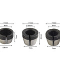 Three Piece Collet Chuck Set 6mm 6.35mm 8mm for engraving trimming machines, includes measurement details and steel material.