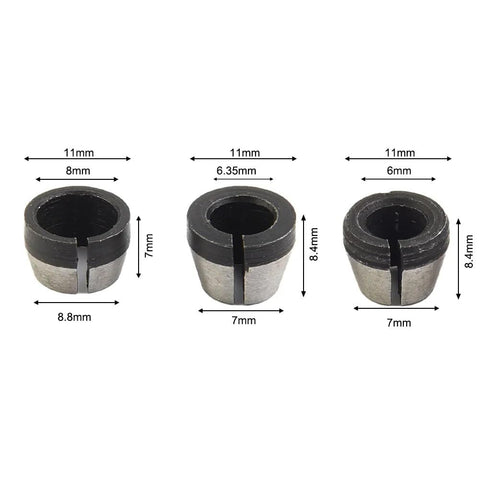Three Piece Collet Chuck Set 6mm 6.35mm 8mm for engraving trimming machines, includes measurement details and steel material.