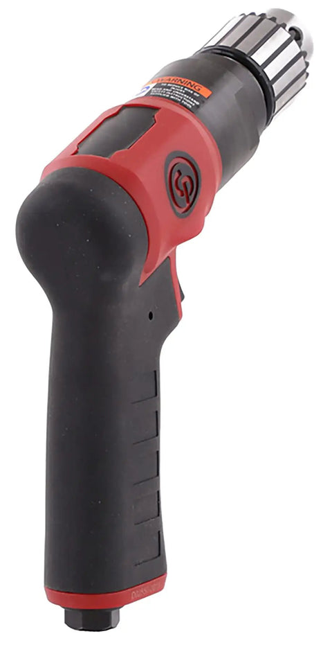 Air Powered Drill Beast Mode Power With 3/8 Inch Keyed Chuck, Pistol Grip, shown with ergonomic handle and keyed chuck visible