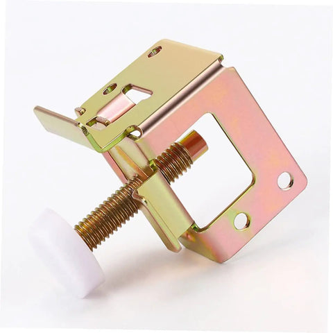 Rock Solid Adjustable Cabinet Levelers With Swivel Floor Cups For Tables And Workbenches Custom Height Design Makes Setup Hella Quick and Keeps Floors Totally Scratch Free In Rose Gold Steel Four Pack, showing a close-up of the metal bracket.