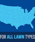 Map of the United States with text overlay 'For All Lawn Types' promoting Season Long Grub Control Granules That Kill Grubs Mole Crickets Cinch Bugs and More for All Lawn Types Create A Protective Zone All Season Long 10 lb Bag.