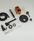 Components of Matte Black Bathtub Faucet With Handheld Shower Sprayer, wall mount tub filler spout, and shower valve kit.