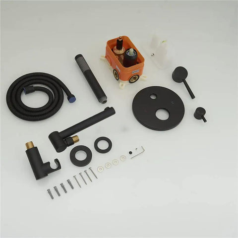 Components of Matte Black Bathtub Faucet With Handheld Shower Sprayer, wall mount tub filler spout, and shower valve kit.