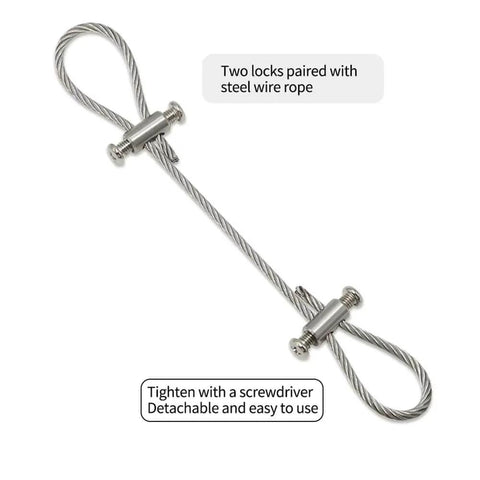 20 Pack Adjustable Wire Rope Clips For 2mm And 3mm Ropes installed with threaded screws on steel cable