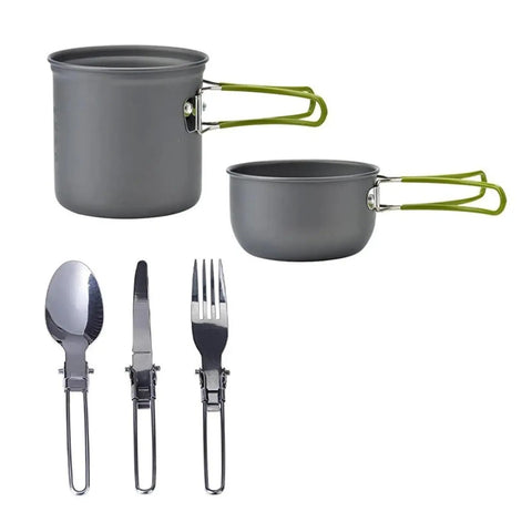 Grab and Go Camping Tableware Kit With Foldable Spoon Fork Knife Kettle and Cup Ultra Compact Lightweight Cookware Set