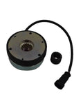 Front view of forklift electromagnetic brake module with silver housing, black cable and plug.