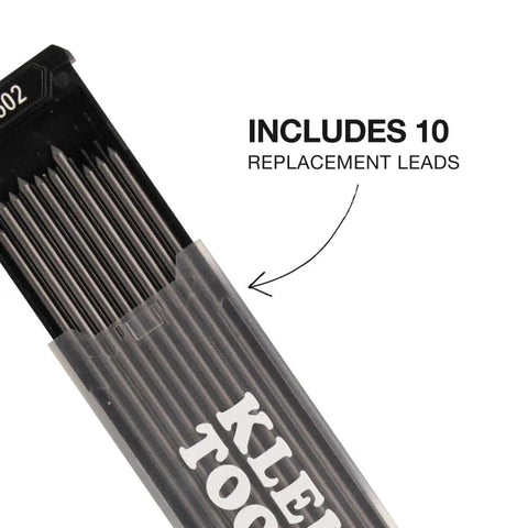 Close-up of 10 pack graphite lead refills for 2.8mm Mechanical Carpenter Pencil With Built In Sharpener And 10 Pack Graphite Lead Refills For Deep Hole Marking In Woodworking And Construction Pro Grade Marking Tool Set.