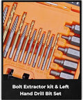 19-piece screw extractor and left-hand drill bit set in orange case; HSS steel bits for removing stripped screws.