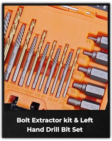 19-piece screw extractor and left-hand drill bit set in orange case; HSS steel bits for removing stripped screws.
