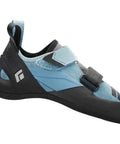 Side view of Equipment Focus Women's Climbing Shoes Caspian 8 with moderate downturned shape and breathable knit tongues.