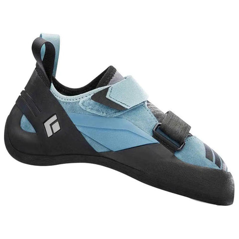 Side view of Equipment Focus Women's Climbing Shoes Caspian 8 with moderate downturned shape and breathable knit tongues.