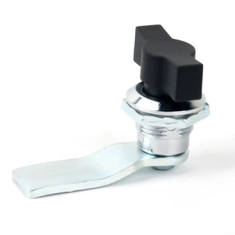Image of a keyless turn tongue cam lock for cabinets and drawers, lockers and safes security hardware, easy access no keys needed, durable aluminum alloy and stainless steel construction, white and black finish.
