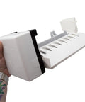 Hand holding Beefed Up Eight Cube Ice Maker Assembly Replacement for Refrigerator Freezer Fits W10190960 and W10757851.