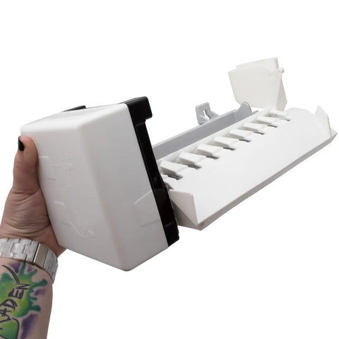 Hand holding Beefed Up Eight Cube Ice Maker Assembly Replacement for Refrigerator Freezer Fits W10190960 and W10757851.