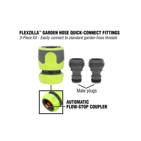 Garden Hose Quick Connect Fittings Kit with Flow Stop Couplers and Plug, 3-Piece No-Sweat Set for Easy Connect and Leak-Free Attachments