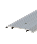 Heavy Duty Aluminum Commercial Door Threshold With Draft Protection And Easy Cut Install, Built To Last As A True Workhorse For High Traffic, Six Inch Wide By Half Inch Thick By Thirty Six Inch Long, Silver Finish showing side angle with flat top and angled sides for smooth transition.
