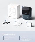 Slick Bluetooth Thermal Label Printer With Included Tape Roll, showcasing package contents including cable and manual.