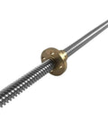 Close-up of Two Pack T8 600mm Lead Screw With Brass Nut For 3D Printers, 8mm Diameter, 2mm Pitch, 4 Starts Acme Thread.