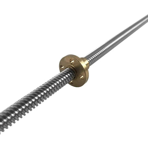 Close-up of Two Pack T8 600mm Lead Screw With Brass Nut For 3D Printers, 8mm Diameter, 2mm Pitch, 4 Starts Acme Thread.