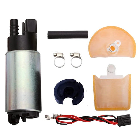 Beefed Up High Performance 1 Piece Electric In Tank EFI Fuel Pump Kit With Strainer Filter Gasket Hose Stainless Steel Clamps Universal Wiring Harness And Installation Kit components displayed