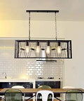 Vintage Metal Cage Pendant Lamp Four Light Linear Ceiling Fixture Height Adjustable Retro Industrial Lighting Heavy Duty Build in kitchen.