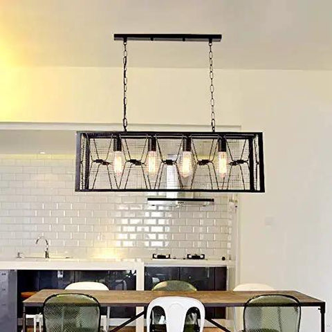 Vintage Metal Cage Pendant Lamp Four Light Linear Ceiling Fixture Height Adjustable Retro Industrial Lighting Heavy Duty Build in kitchen.