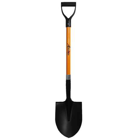 Heavy Duty Digging Shovel 41 Inch With Trenching Blade And Comfortable Handle For Garden Landscaping Construction And Masonry A Do It All Shovel For Digging Soil Dirt And Gravel, shown upright with orange handle and black blade