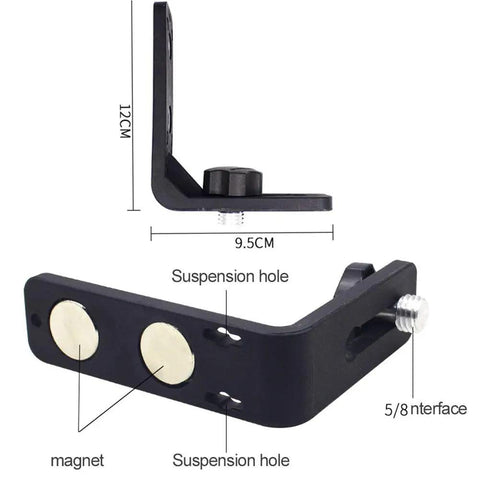 L Shape Magnetic Bracket Leveling Adapter Five Eighths Inch Universal Magnetic Mount for Laser Levels with dimensions and magnet