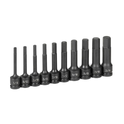 Ten Piece One Half Inch Drive SAE Hex Impact Socket Set Made For Auto Repair With Extended Length Sockets For Deep Reach And Heavy Duty Jobs Durable Metal Bits Rust Resistant For Tough Auto Jobs displaying ten sockets