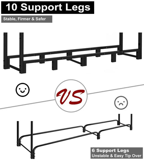 Comparison of 8Ft Outdoor Firewood Rack Holder with 10 Stable Support Legs vs 6 Support Legs, showing stability difference.
