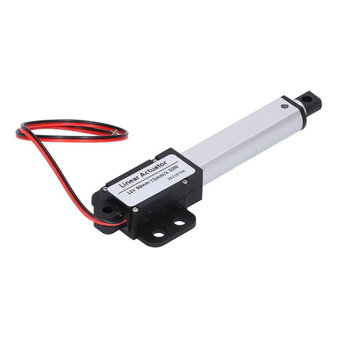 Heavy Duty Linear Actuator With 50 Mm Stroke Whisper Quiet Electric Motor For Automotive Upgrades Durable Aluminum Housing Built Tough Smooth Push Pull Action Trusted For Your Ride No Fuss Operation Day One Reliability Straight Shot Solid actuator with 12V power and wiring.