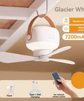 kousoer Ceiling Fans Quiet Remote USB 7200mAh in Glacier White with remote and hanging hook for easy outdoor use