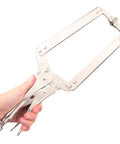 Person holding Three Pack 18 Inch C Clamp Locking Pliers With Swivel Pads Pro Grade Heavy Duty Vise Grip Set for woodworking projects