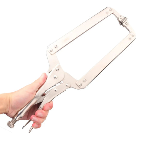 Person holding Three Pack 18 Inch C Clamp Locking Pliers With Swivel Pads Pro Grade Heavy Duty Vise Grip Set for woodworking projects
