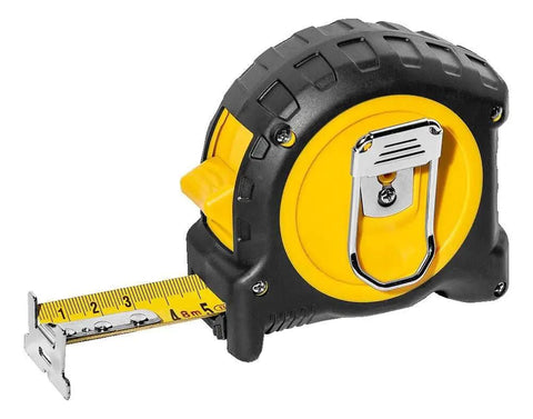 Pocket Tape Measure With Double Sided Inches And Centimeters, 26 Feet, Shock Resistant ABS Case with visible yellow tape and belt clip.