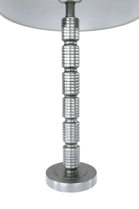 Faceted Metal Floor Lamp With Stacked Column Base, Aged Pewter Finish And Cream Linen Drum Shade, A Legit 66.5 Inches Statement Piece
