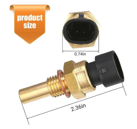 Engine temperature sensor (ECT) with brass body and black plastic connector, 2.36 in long.