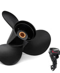 OEM Upgrade Aluminum Boat Propeller Beefy 14 Spline Tooth Right Hand 3 Blade 10 Inch Diameter 12 Pitch Fits BRP Johnson Evinrude OMC Stern Drive 15 35 HP OEM Numbers 765049 763486 765050 778863 with visual of propeller and compatible outboard motor.