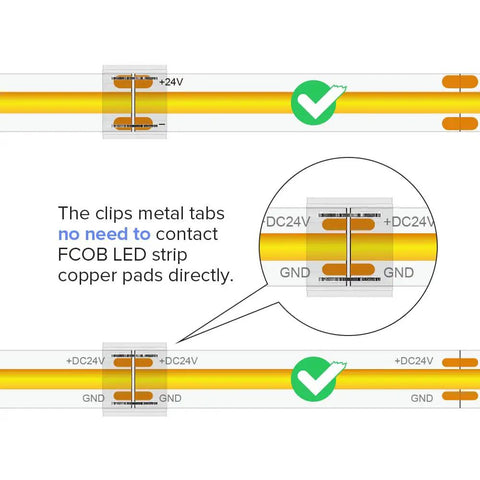 Diagram showing FCOB LED Connector Kit 8mm 0.31in Transparent Solderless Connectors for gapless strip-to-strip joins with metal tabs.